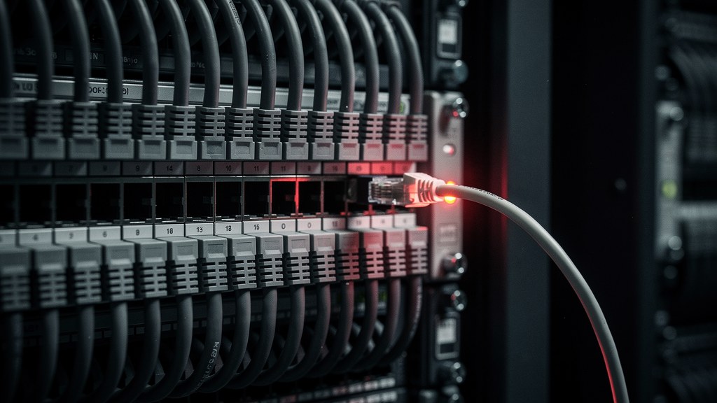 A single unplugged network cable, lit by a red highlight, reaching away from a dense server rack patch panel
