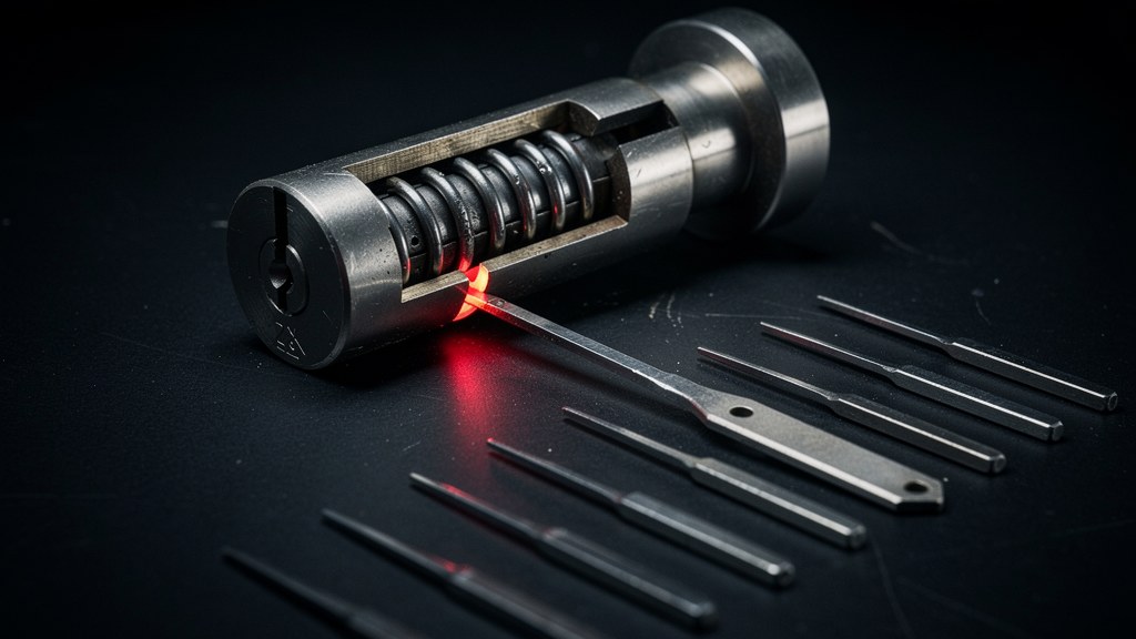A cutaway lock cylinder with its pins exposed, several identical lock-picking tools laid beside it, one catching a single red highlight where it rests inside the pin gap