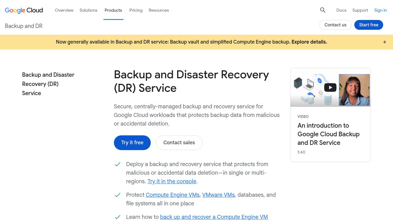 Google Cloud Backup and DR service product page