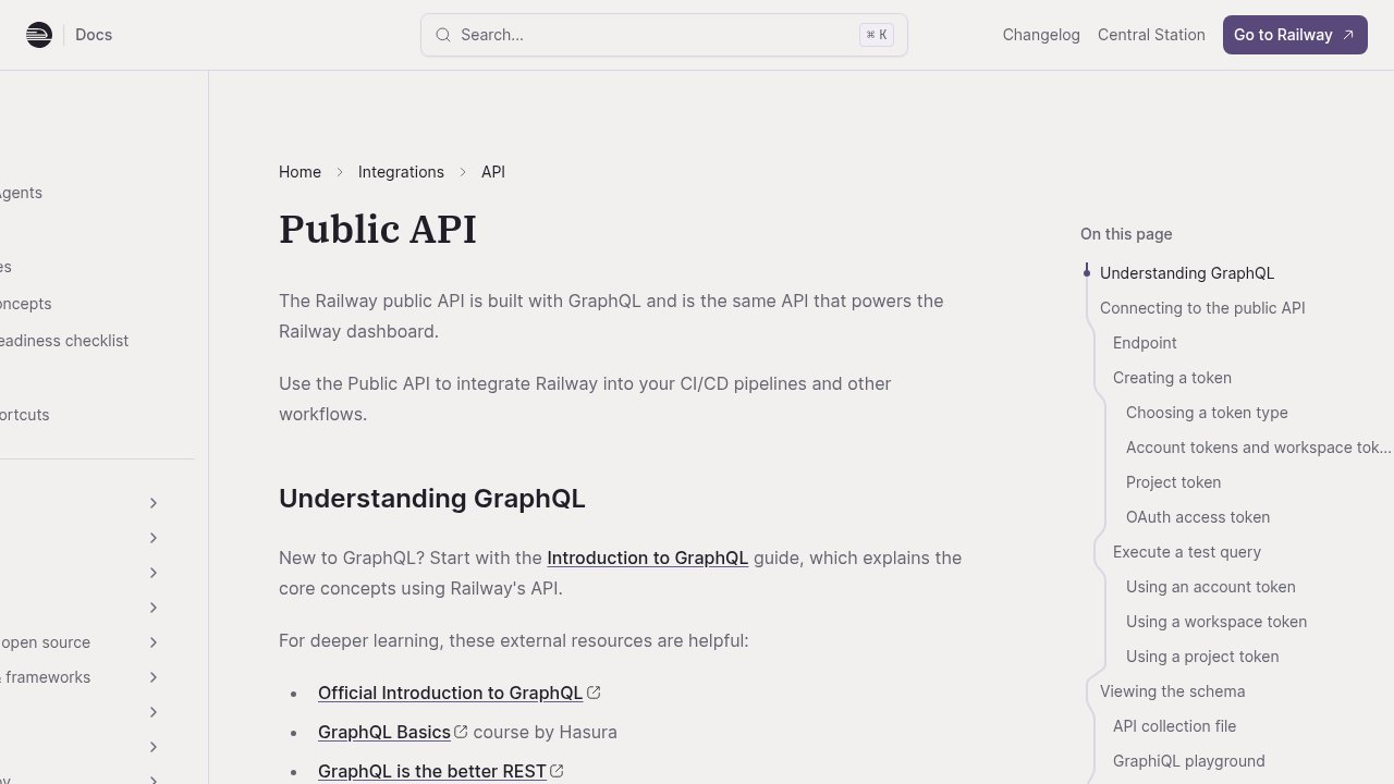 Railway public API documentation page showing token and permissions details