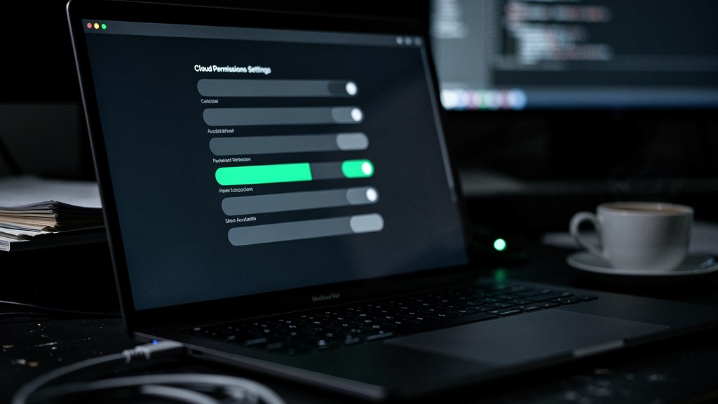 A cloud provider's API token permissions dashboard shown on a laptop screen