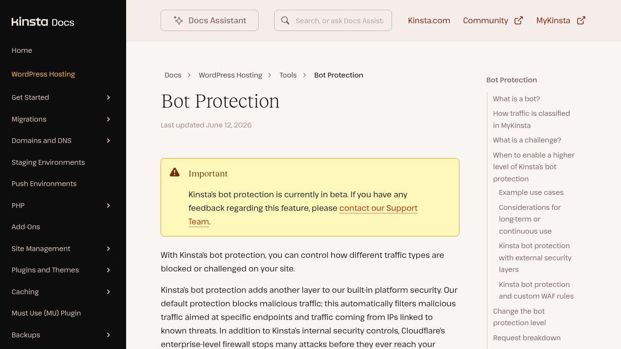 Kinsta MyKinsta dashboard Bot Protection tool showing the Block AI Crawlers toggle and protection levels