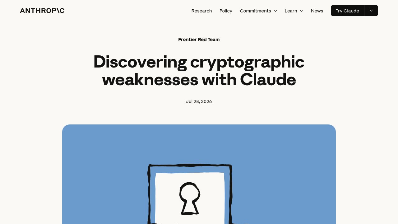 Anthropic's research post "Discovering cryptographic weaknesses with Claude" describing the Mythos Preview HAWK-256 and AES results