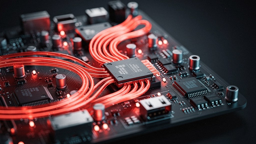 A close-up of a circuit board with glowing red data lines, evoking encrypted data transmission and cryptanalysis