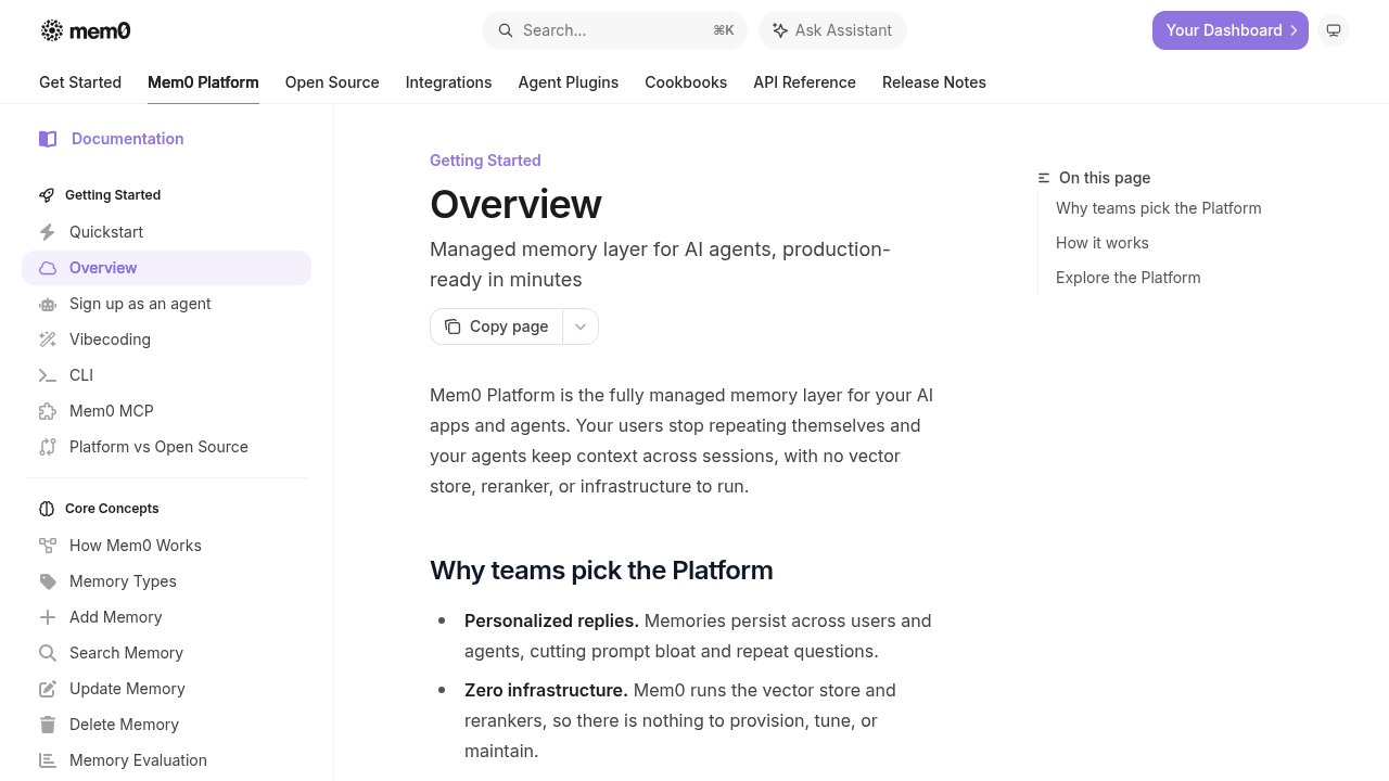 Mem0 documentation overview page describing the open-source memory layer for AI agents mentioned as an example of a memory tool that can be manipulated the same way