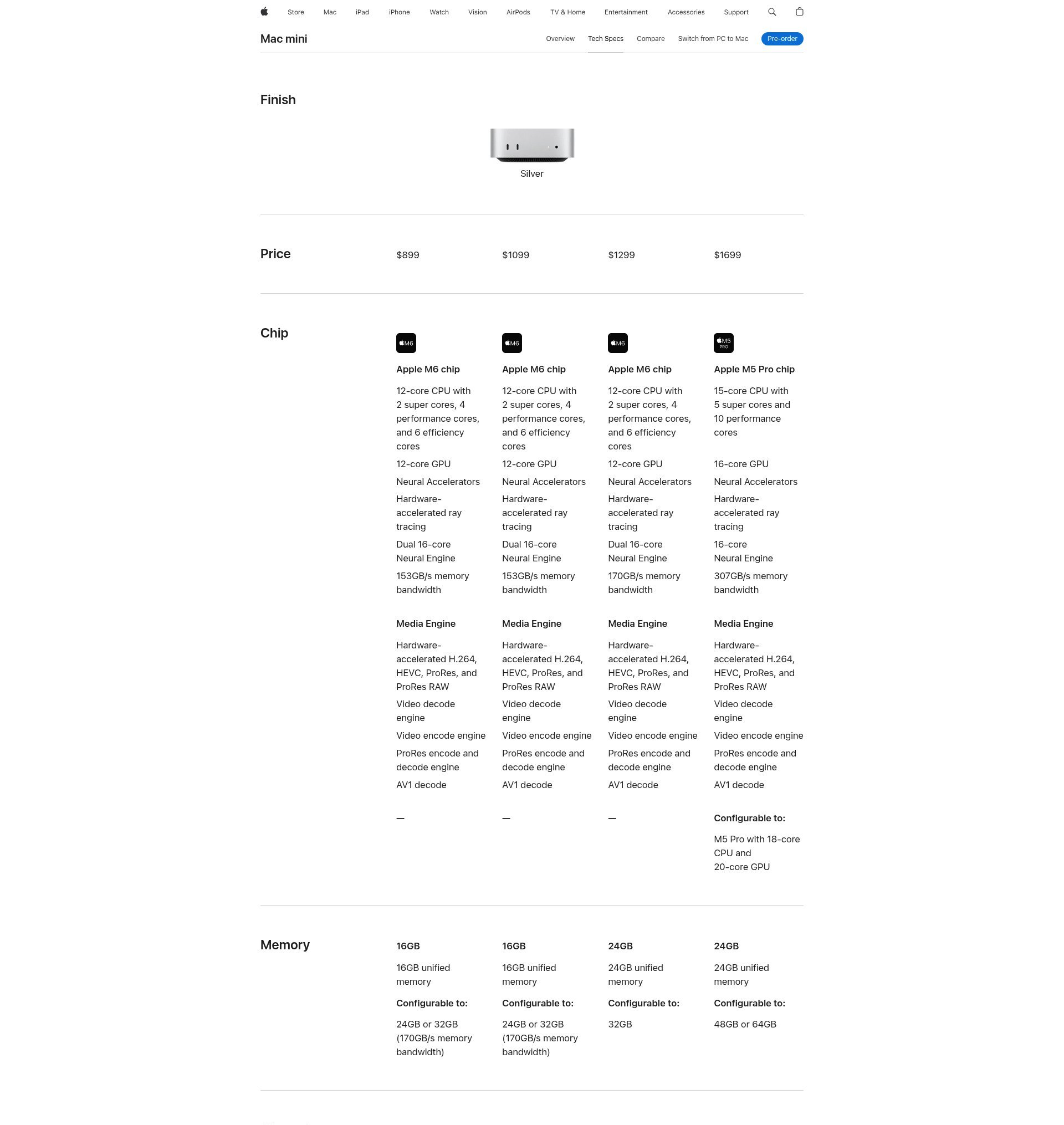 Apple Mac mini technical specifications page listing the M6 and M5 Pro chip configurations