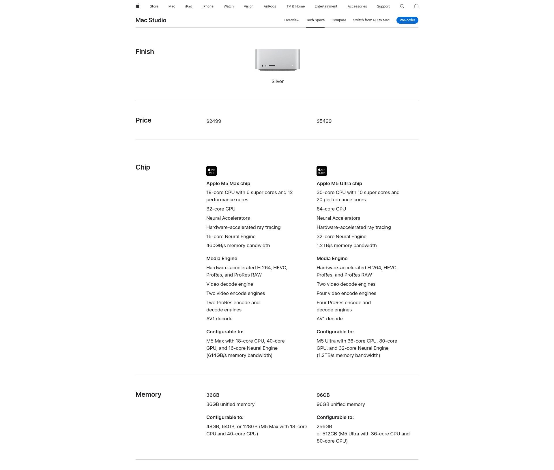 Apple Mac Studio technical specifications page listing the M5 Max and M5 Ultra chip configurations
