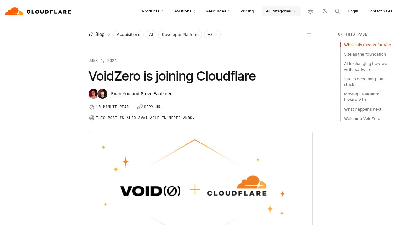 Cloudflare's blog post announcing that VoidZero, the company behind Vite, is joining Cloudflare