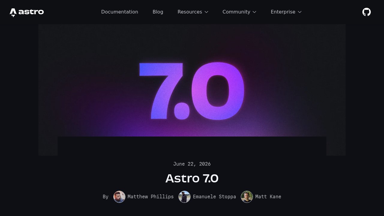 Astro's official blog post announcing the Astro 7 release