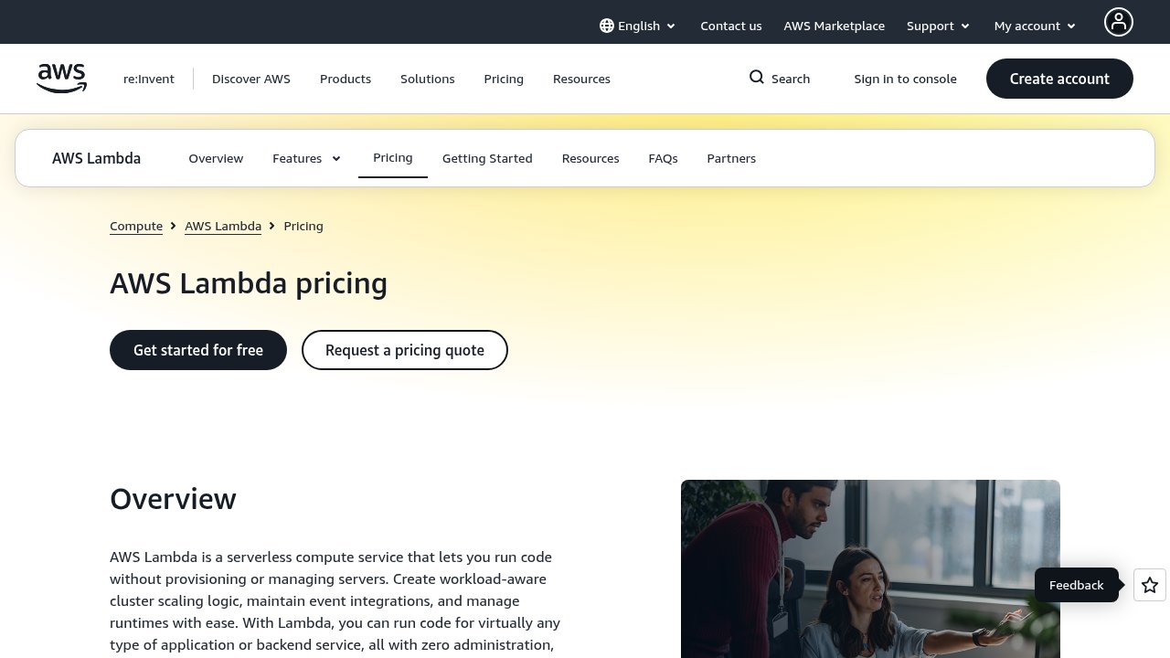 AWS Lambda's pricing page: the per-call and per-GB-second meters that make up most of the bill