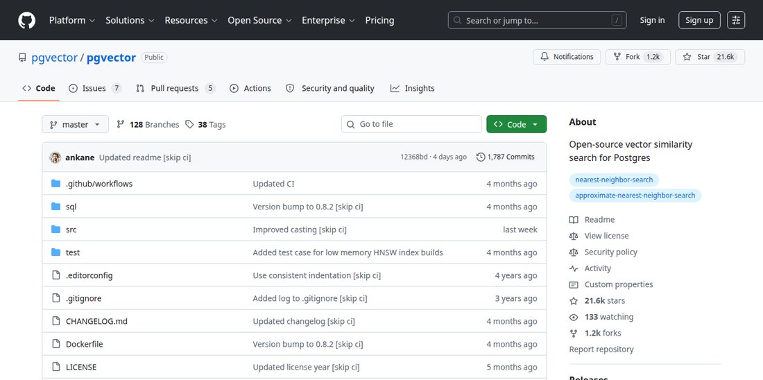 Screenshot of the pgvector GitHub repository