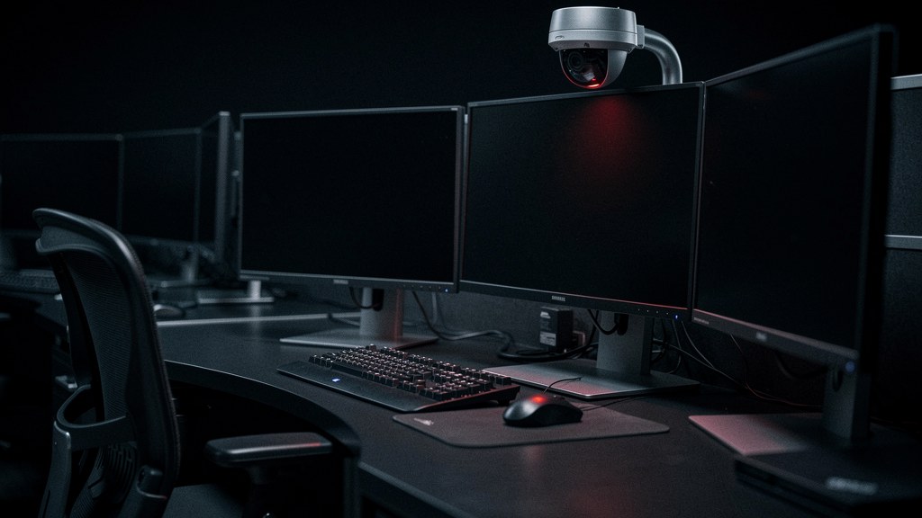 Digital illustration of a bank's internal computer network under silent surveillance