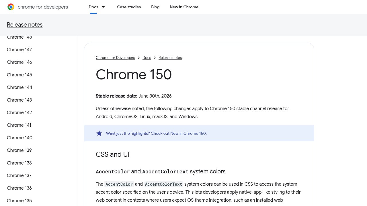 Chrome 150 release notes page, showing a stable release date of June 30, 2026