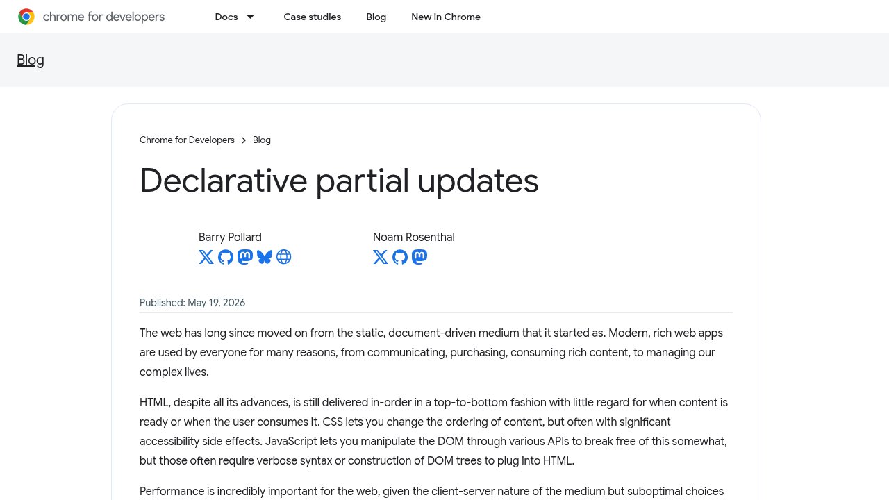 Chrome Developers blog post titled Declarative partial updates, published May 19, 2026