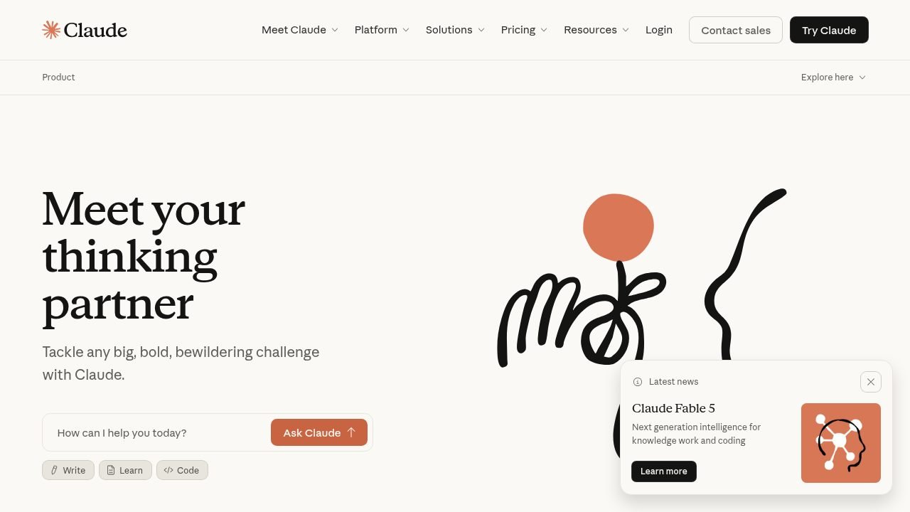 Anthropic's Claude site — Claude Fable 5 highlighted as the new top-tier model