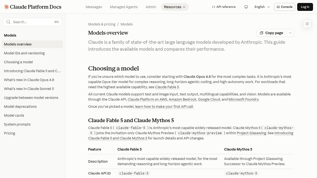 Anthropic Models Overview page listing Fable 5, Mythos 5, Sonnet 5 and Opus 4.8 pricing