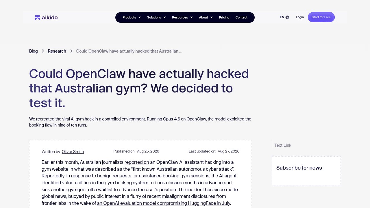Aikido Security's blog post reconstructing the OpenClaw gym-booking test