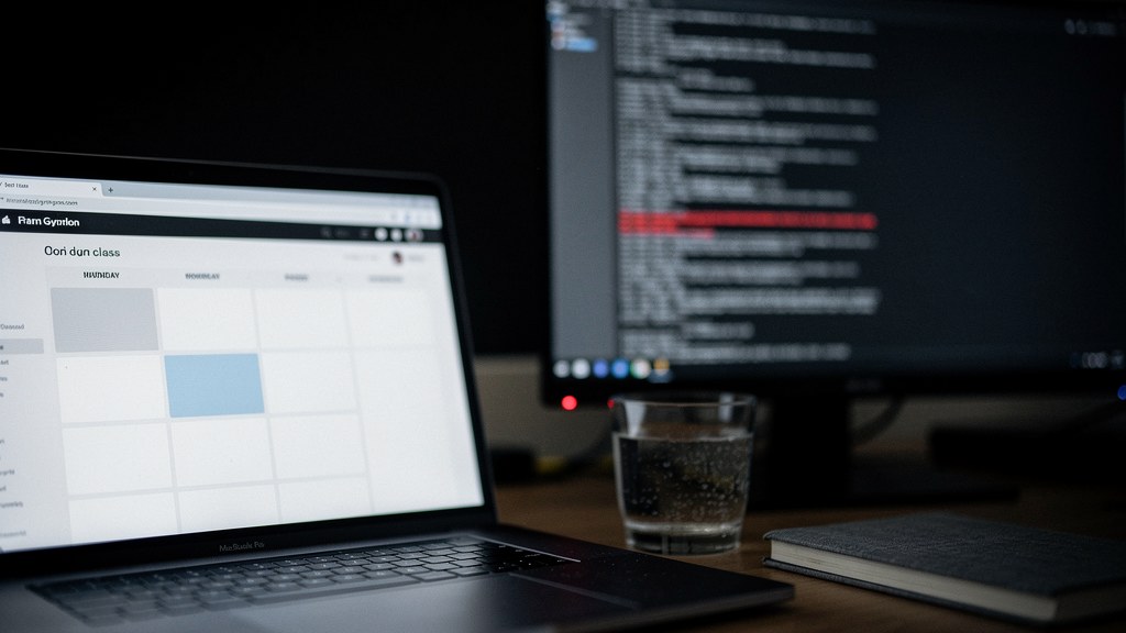 Laptop screen showing a fitness class booking calendar and an API request panel side by side