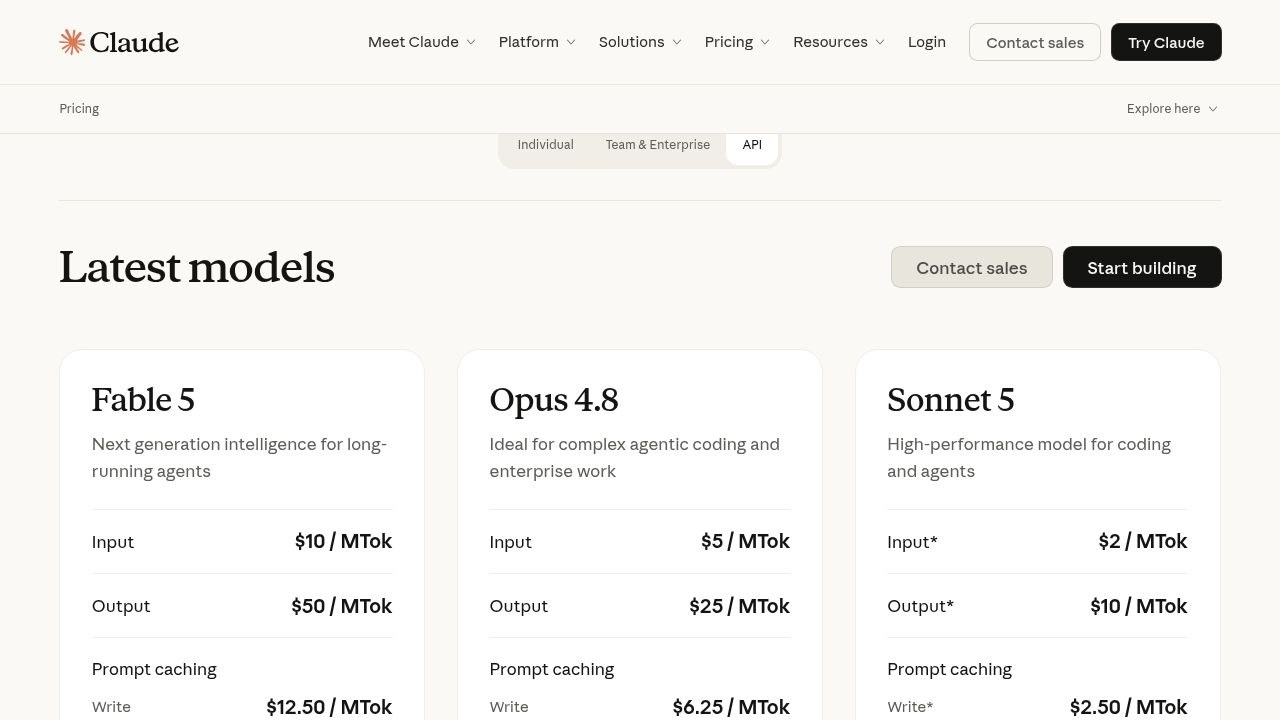 Anthropic's pricing page, API tab, showing Fable 5, Opus 4.8 and Sonnet 5 side by side with input and output token prices