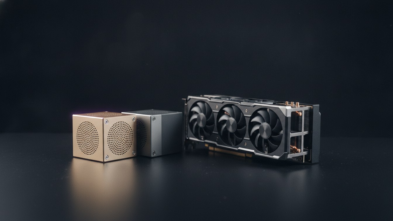 NVIDIA DGX Spark and ASUS Ascent GX10 desktop AI boxes next to an RTX 5090 graphics card