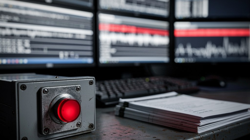 A physical override control on a compliance monitoring desk, with blurred alert screens in the background