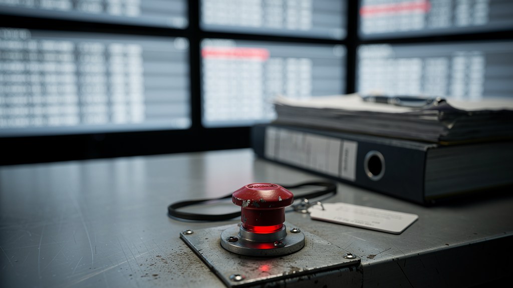 A compliance officer reviewing AI system logs on a monitoring dashboard in an office setting