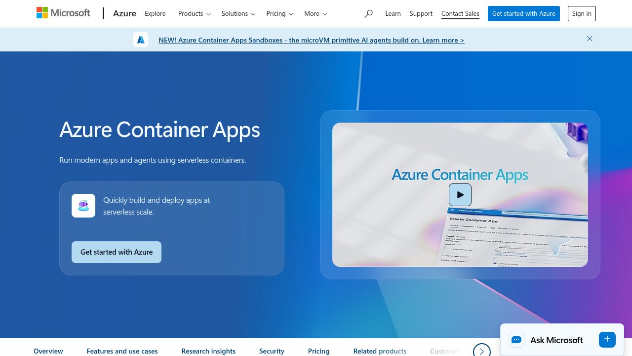 Azure Container Apps product page — run modern apps and agents using serverless containers