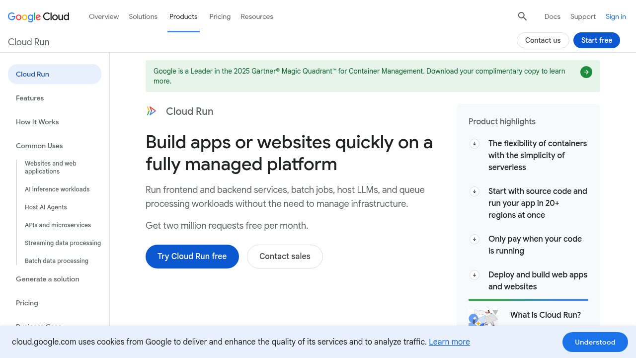 Google Cloud Run product page — per-second billing, you pay only while your code is runnin