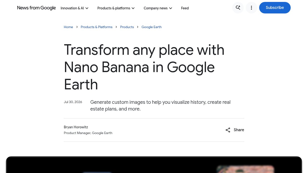 Google's official blog post announcing the rollback of Nano Banana image generation in Google Earth