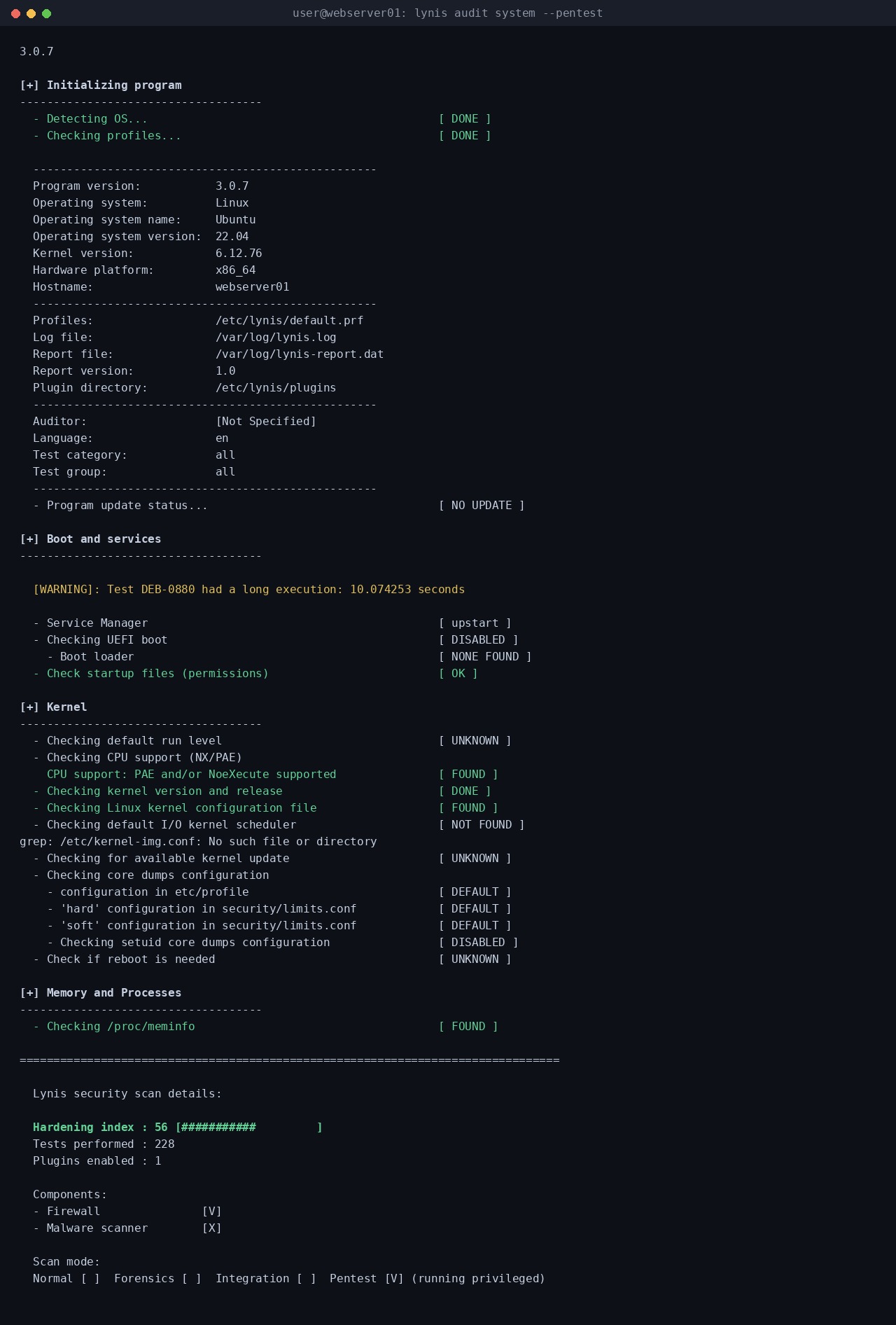 Terminal output of a Lynis security audit in progress, showing test category headers scrolling by and ending with a hardening index summary
