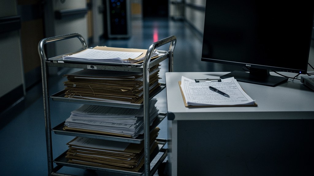 Hospital records office with rows of paper patient files