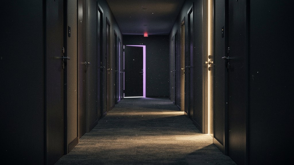 A dim corridor lined with many closed doors and only a few standing open and lit, evoking selective activation among many components