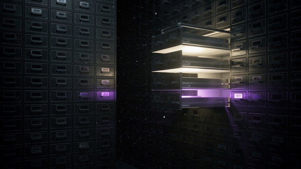 An archive wall of hundreds of identical small drawers, almost all shut, with a handful pulled open and lit, one glowing violet