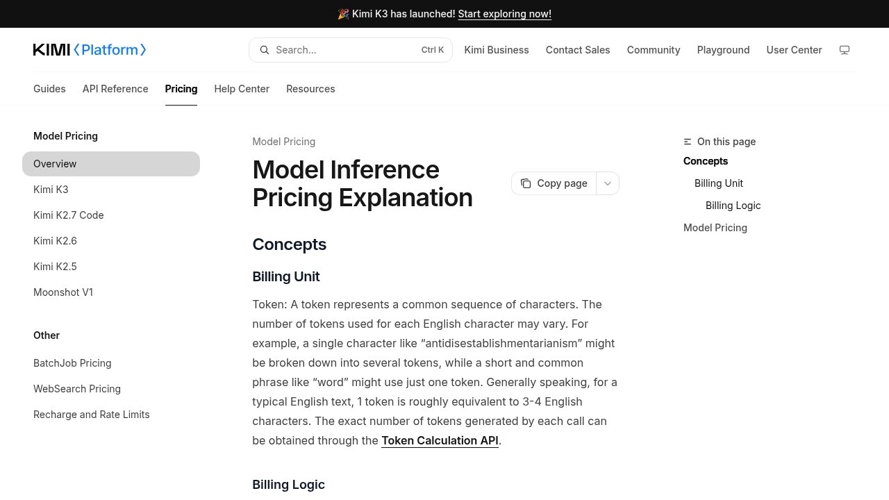 Moonshot's official API pricing documentation, listing Kimi K3 among its priced models