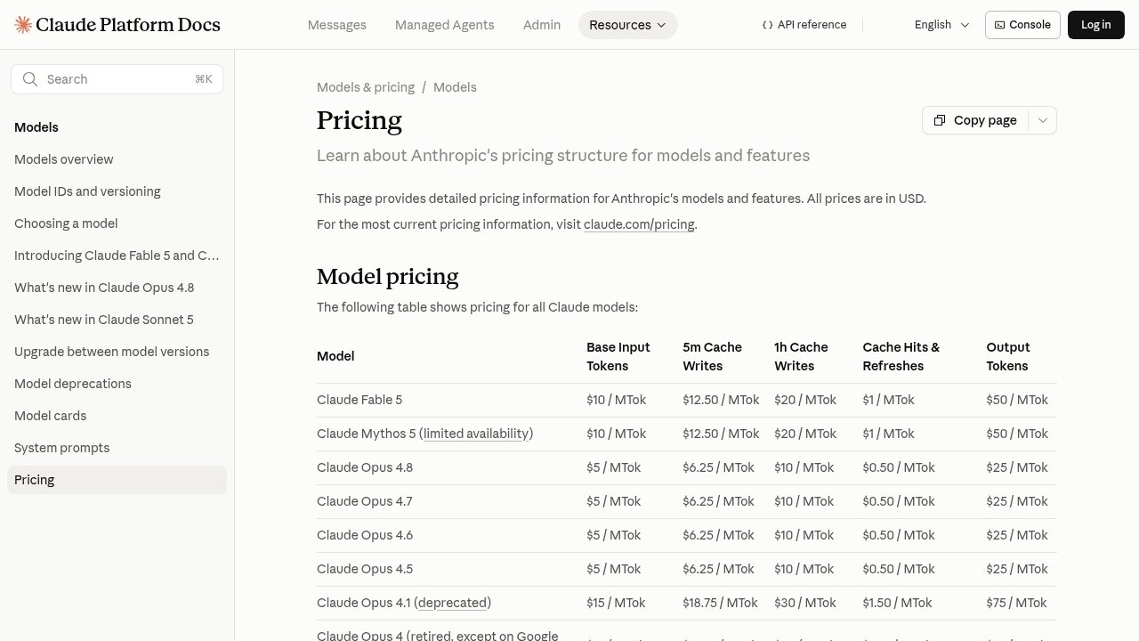 Anthropic's API documentation pricing table, showing Claude Fable 5 at $10 per million input tokens and $50 per million output tokens