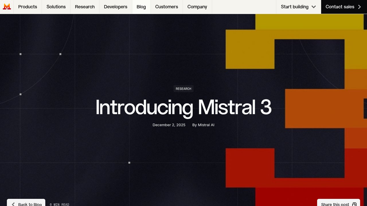 Mistral's official Mistral 3 announcement page, December 2, 2025: the real open-weight family the joke was riffing on.