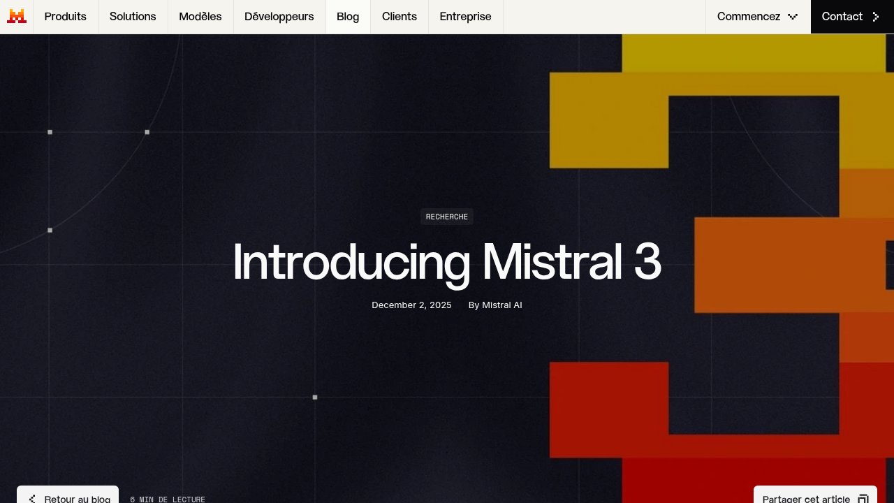 La page d'annonce officielle de Mistral 3, le 2 décembre 2025 : la vraie famille open-weight sur laquelle la blague brodait.