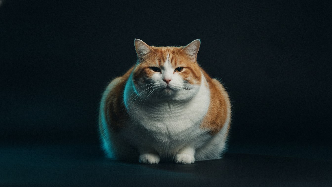 A comically chubby orange-and-white cat with a deadpan stare, a nod to the viral Le Chaton Fat meme