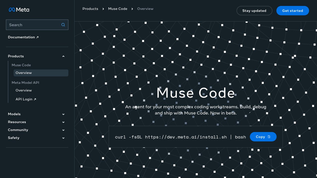 Meta's official Muse Code product page showing the terminal agent overview and install command