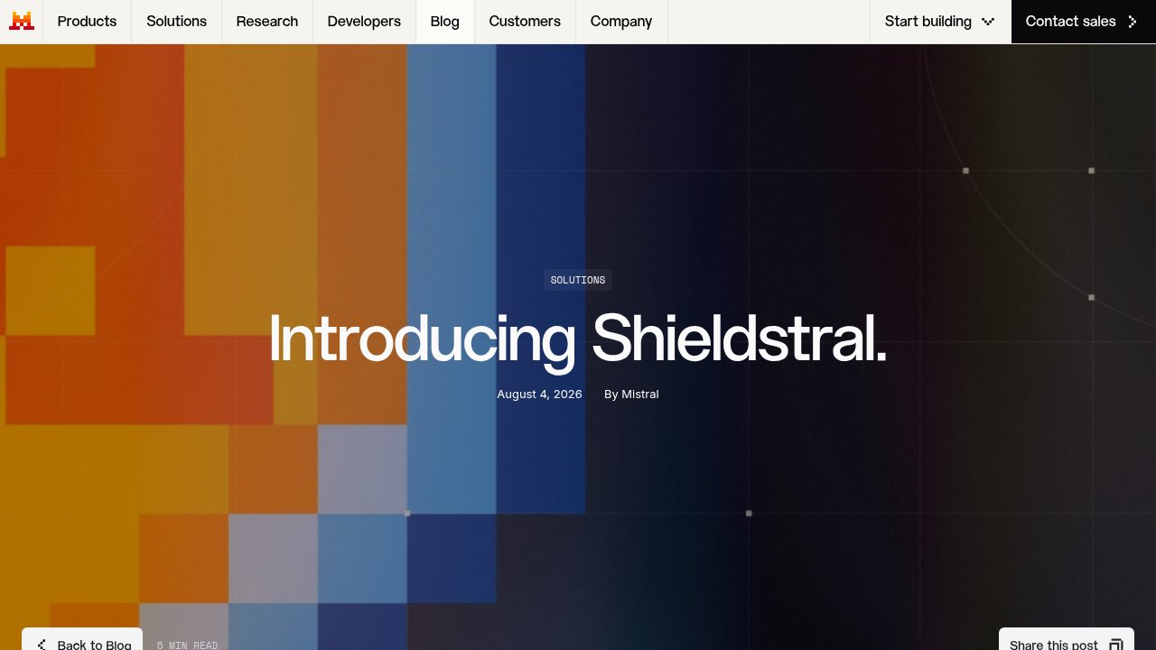 Mistral AI's official Shieldstral announcement page showing the model overview