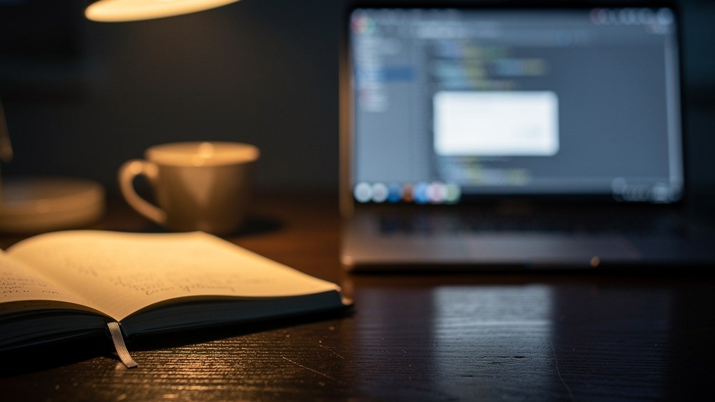 A laptop glowing at night on a dark desk, its code review screen out of focus, beside an open notebook and a coffee cup under a warm desk lamp