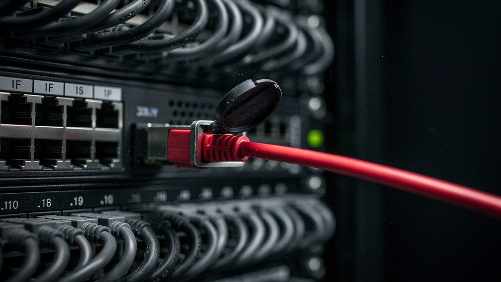 A single red cable unplugged from a sealed server rack port, reaching toward a neighboring rack