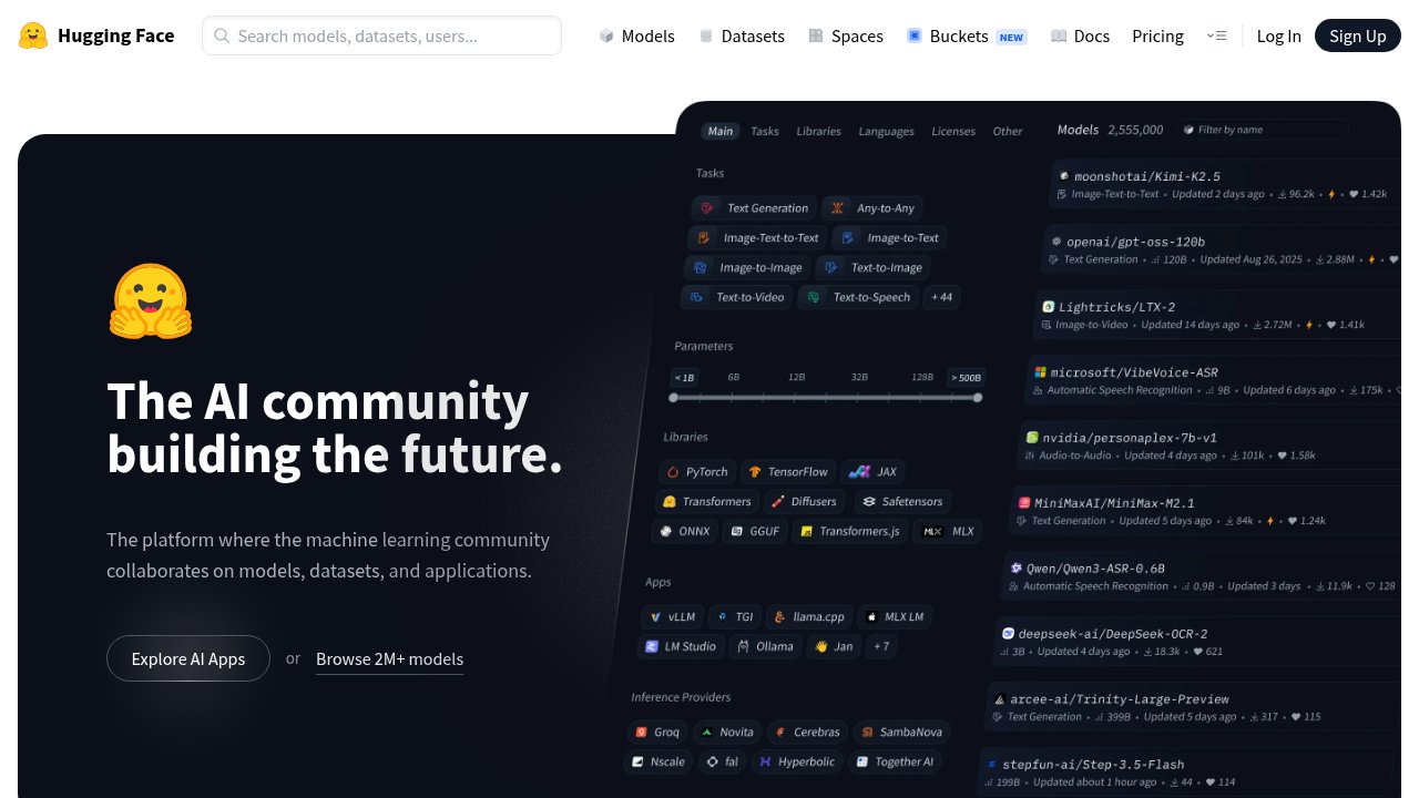 The Hugging Face homepage, showing its model hub with live listings of AI models used to share and download machine learning models