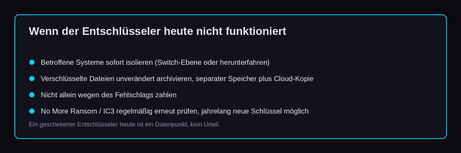 Entscheidungskarte, die zusammenfasst, was bei einem gescheiterten Ransomware-Entschlüsseler zu tun ist: betroffene Systeme sofort isolieren, verschlüsselte Dateien unverändert auf separatem Speicher plus einer Cloud-Kopie archivieren, nicht allein wegen des Fehlschlags zahlen, No More Ransom oder IC3 regelmäßig erneut prüfen