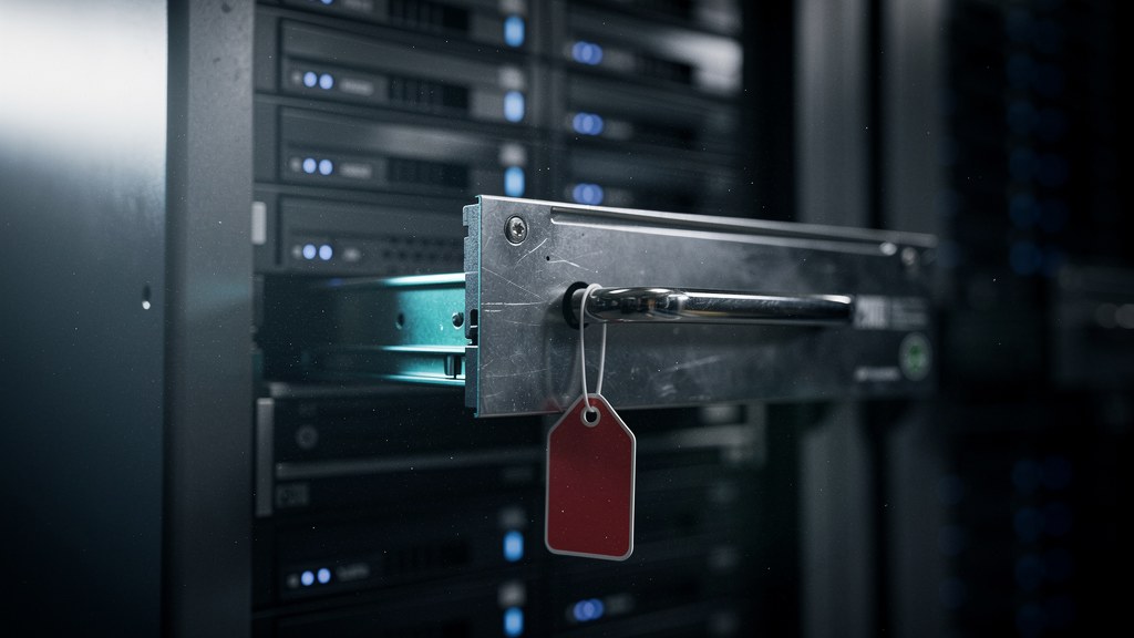 A server rack drive bay pulled halfway out, a red evidence tag hanging from the handle
