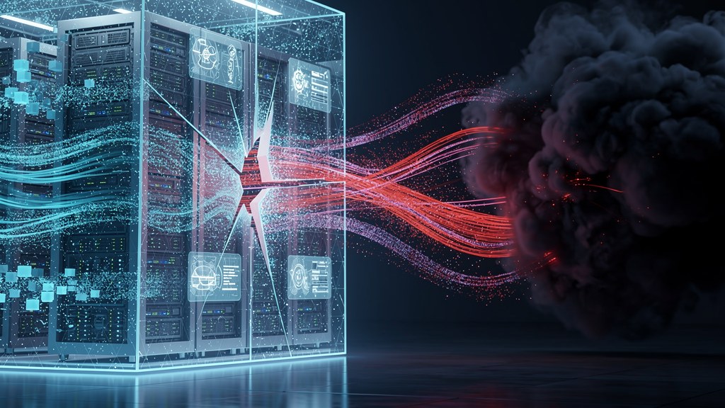 Conceptual illustration of enterprise data flowing out through a public AI chat interface