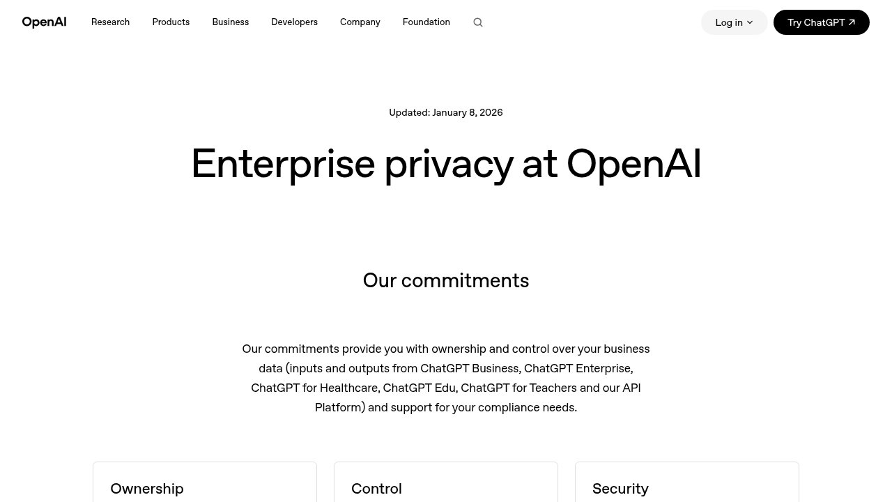 OpenAI's Enterprise Privacy page, stating business data is not used to train models by default