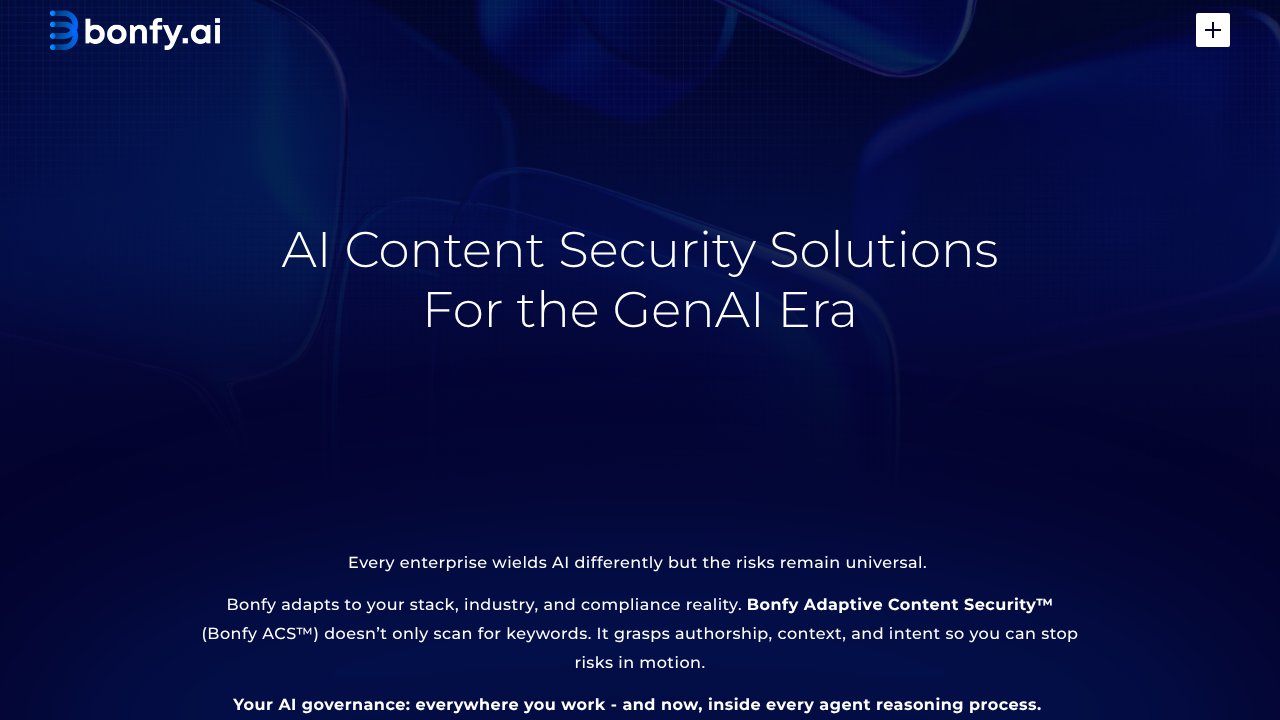Bonfy's AI Content Security Solutions page, listing GenAI risk categories including shadow AI and shady AI