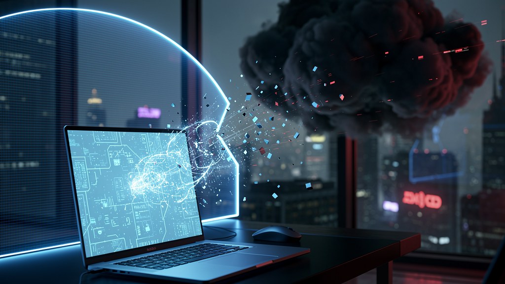 A laptop screen glowing in a dark office, its light dissolving into abstract data particles