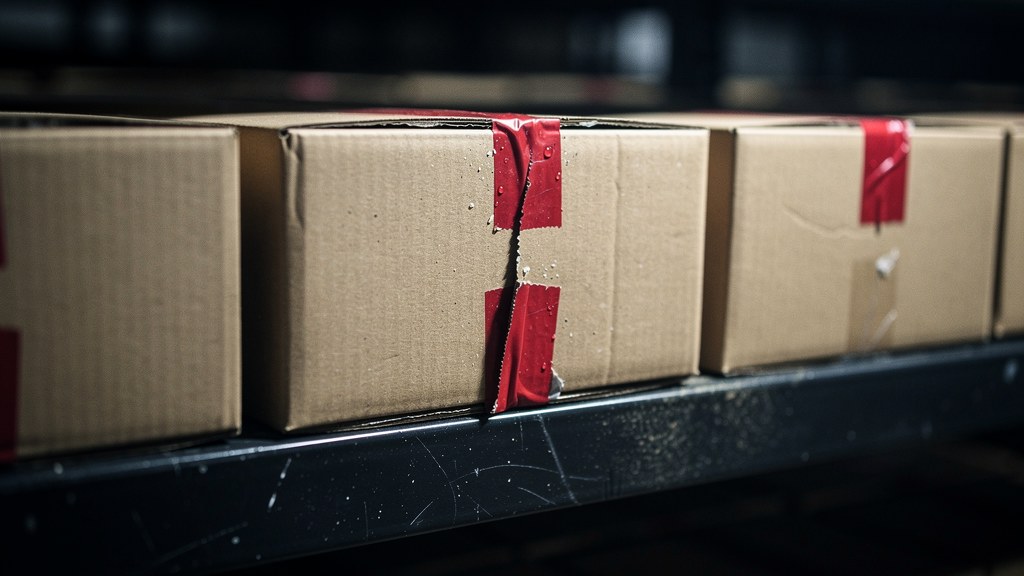 A dark warehouse aisle lined with identical cardboard boxes, a single red-taped package standing out in the foreground, evoking a tampered software package hidden within a trusted supply chain